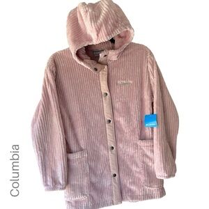 NWT COLUMBIA LONG PINK FIRESIDE SHERPA JACKET SNAP FRONT HOOD | LARGE 14-16